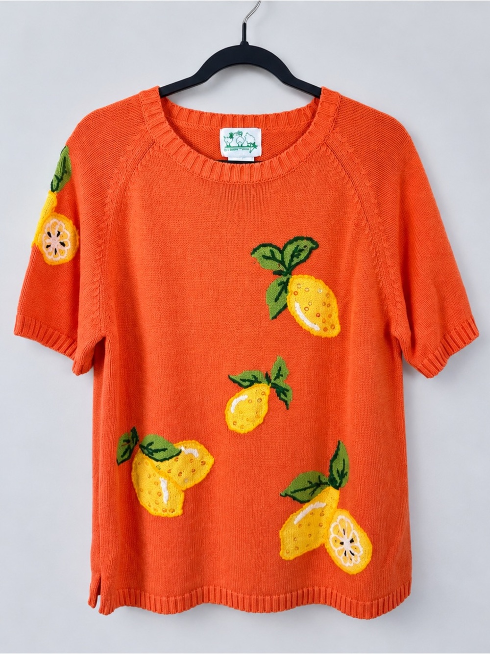 Vintage 90s Quaker Factory Lemons Embroidered Sweater Large Short Sleeve Graphic